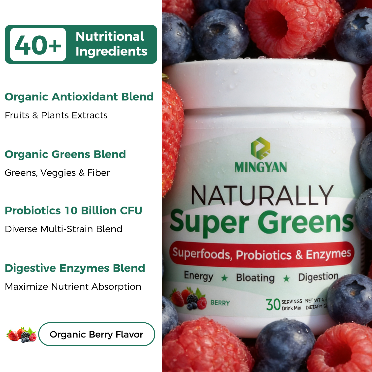 Super Greens Powder with spirulina and chlorella ingredients