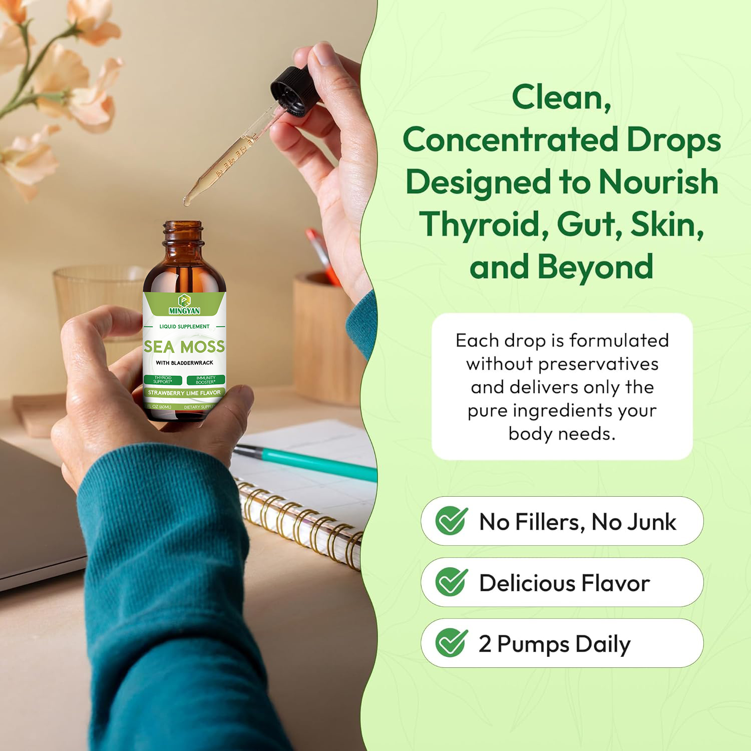 GMP manufactured Sea Moss Drops with custom label packaging
